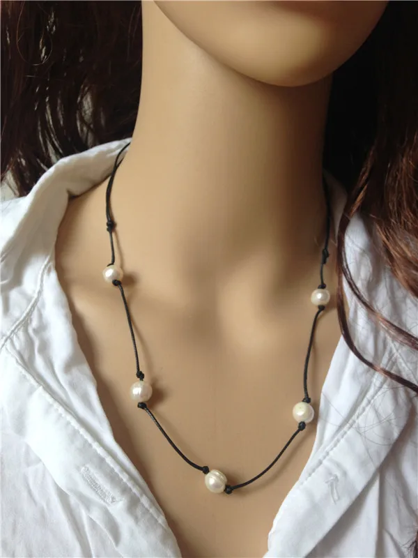 Buy Black leather necklace real cultured floating