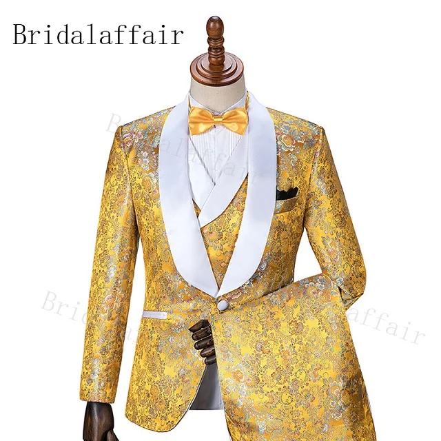 Bridalaffair, высокое качество, цветочный золотой костюм, Мужская шаль с отворотом, смокинг для жениха, мужские костюмы, приталенный, для свадьбы, Лучший человек, блейзер, наборы, 3 предмета - Цвет: same as image