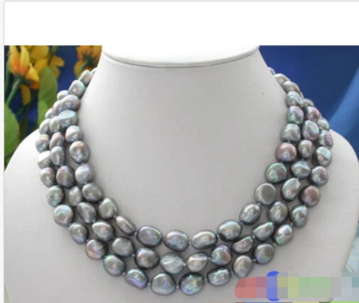 

FREE SHIPPING>>>@@ > 3ROW 13MM GRAY BAROQUE FRESHWATER PEARL NECKLACE 925SC P2078 ^^^@^Noble style Natural Fine jewe &