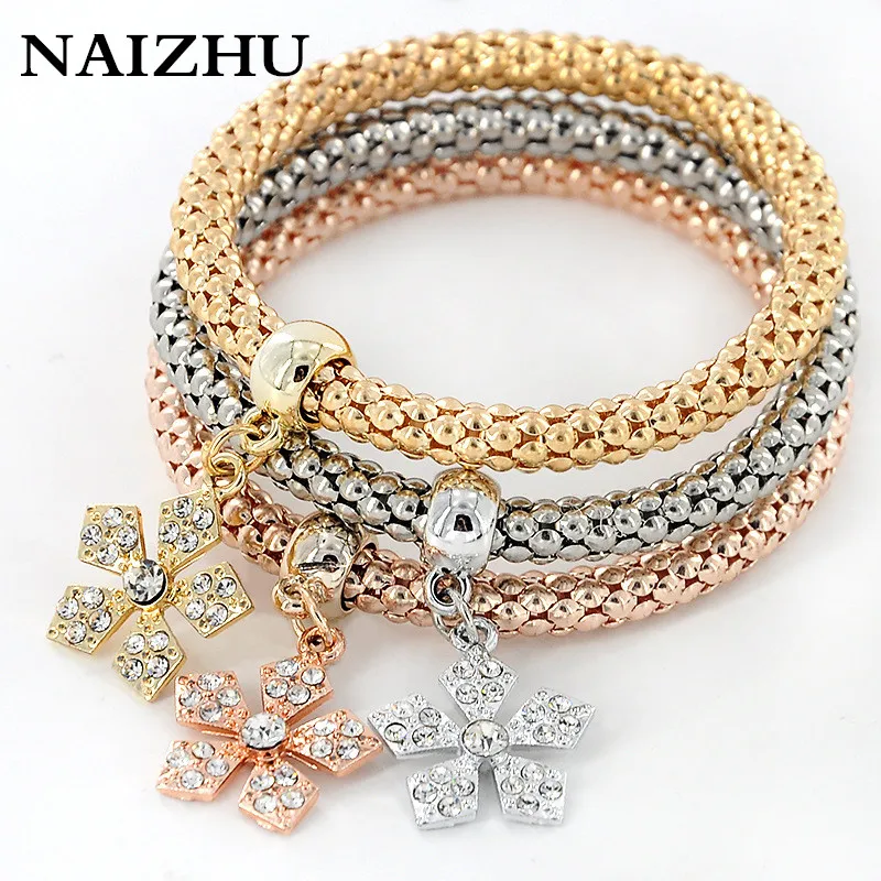 

Hot Sale Flower Pendant Bracelets Bangles Gold/Silver Plated Friendship Bracelets Bijioux Charm Bracelet For Women