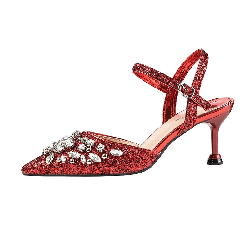 

2019 spring and autumn new sexy shallow mouth sequins stiletto pointed high heel women's shoes red 0510