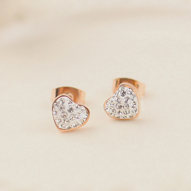 

18KGP Rose Gold Color Shiny CZ Zircon Heart Stud Earrings Fashion Brand Women Titanium Steel Jewelry (GE110)