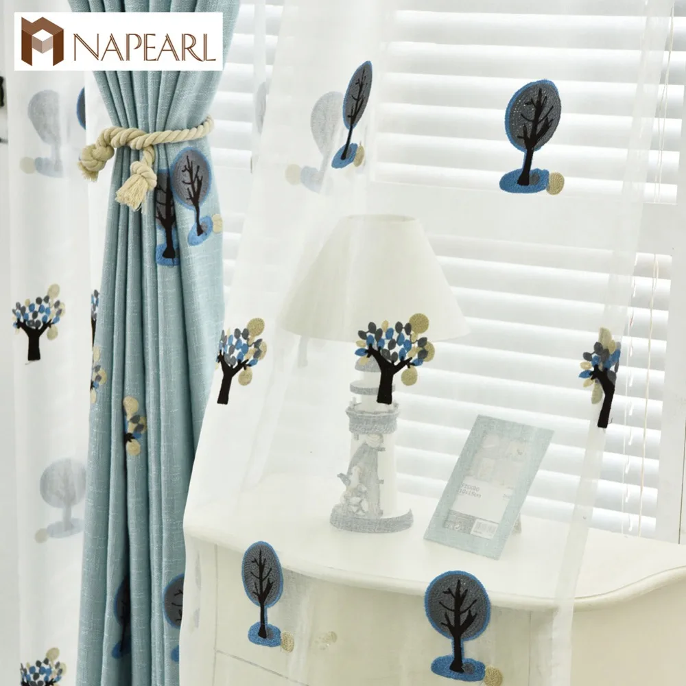 

NAPEARL Embroidered curtains modern blue beige children drape window for living room luxury carton kids style fashion design
