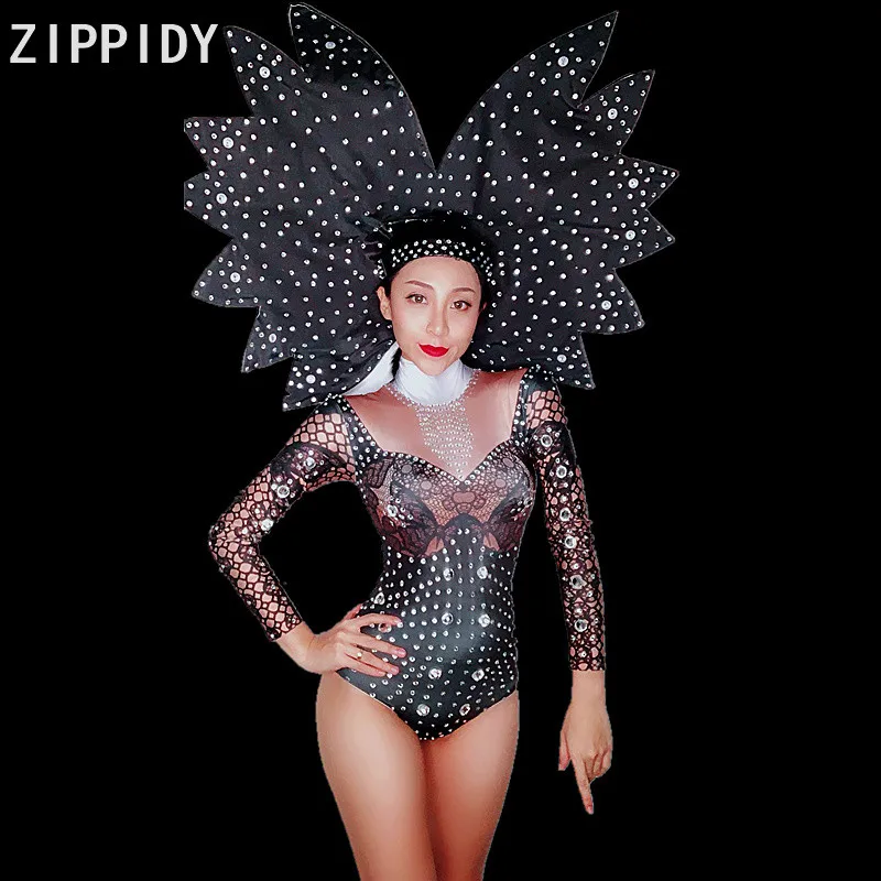 

Bright Silver Rhinestones Long Sleeves Spandex Bodysuit Evening Women's Prom Party Costume Female Singer Dance Outfit Stage Wear
