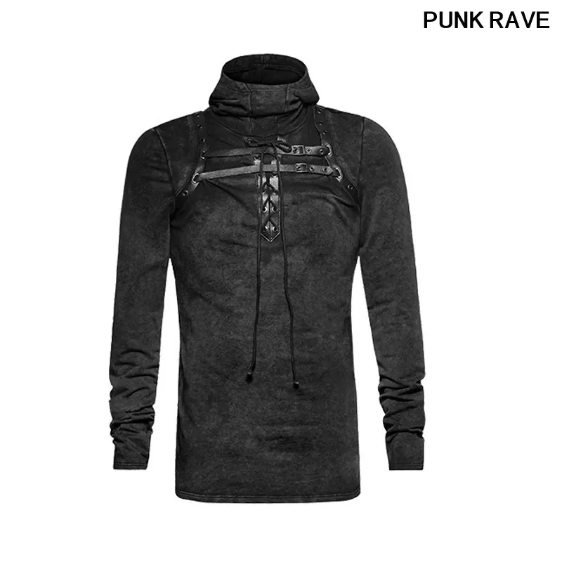 

Steampunk Cover Face Elastic Knit Eyelet String Bandage T-shirt Black Men PU Leather Loop Plain Hooded T shirt PUNK RAVE T-442