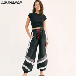 Linjiashop широкие брюки Штаны женщины черный женский эластичный пояс пояса полная длина брюки Весна-осень дно уличная одежда большого размера