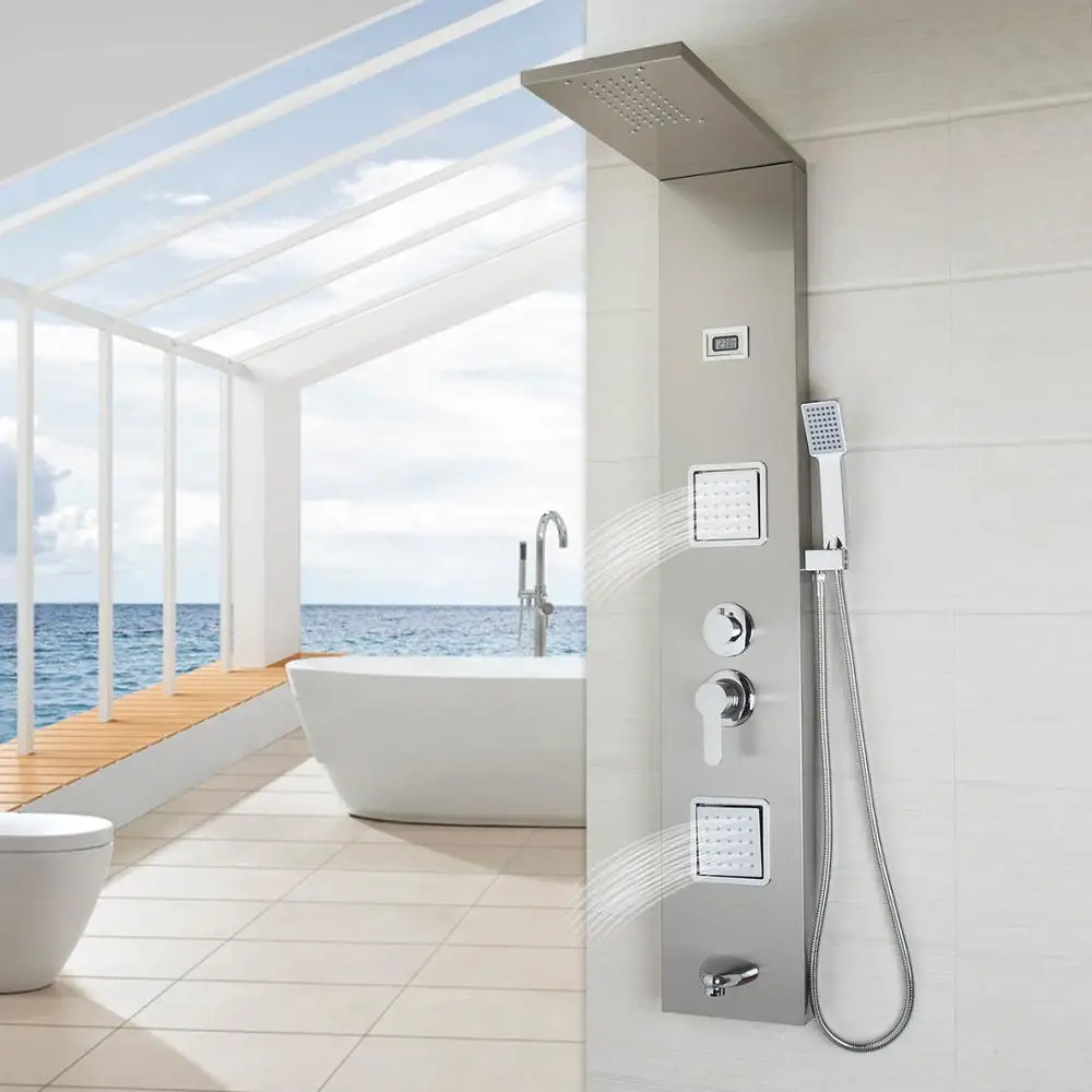 KEMAIDI, Современная душевая колонка из нержавеющей стали, настенная, с одной ручкой+ ручной душ+ носик для ванны+ массажная система, душевая панель - Цвет: 01