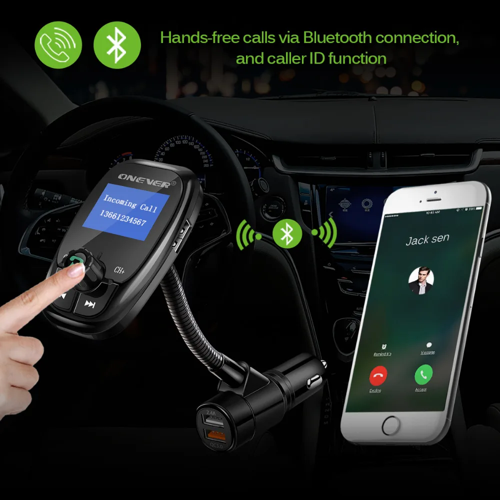 Onever поворотный Bluetooth автомобильный набор, свободные руки, fm-трансмиттер с USB MP3 плеер FM модулятор с QC3.0 устройство для автомобиля с двумя портами USB быстрая Зарядное устройство Поддержка TF карты