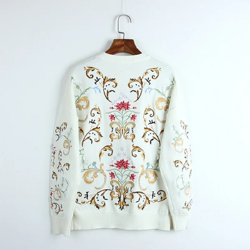 2018 Элитный бренд белый свитер Пуловеры Для женщин цветочной вышивкой с длинными рукавами и принтом женские осень-зима трикотажный джемпер