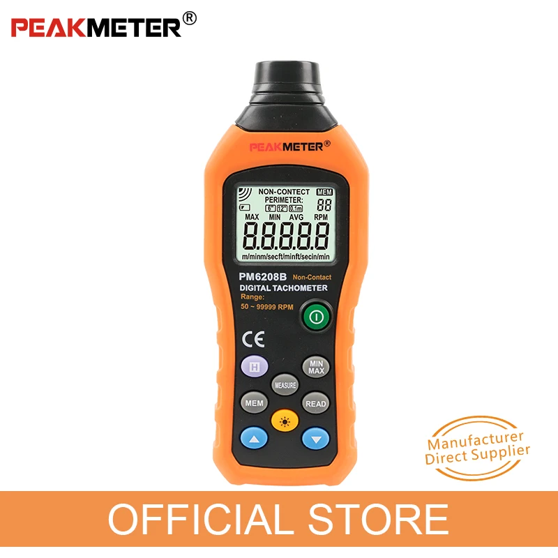 Официальный PEAKMETER PM6208B Бесконтактный цифровой тахометр 50 ~ 99999 ОБ/мин максимальный