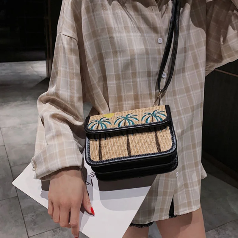 

Crossbody Single Shoulder Bag Straw Woven Coconut Rectangle Handbag with Strap for Women WF 668