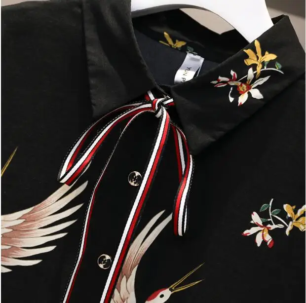 Большие размеры, L-4XL, новинка, весна-лето, женская рубашка с длинным рукавом и принтом Журавля, блузка+ Асимметричная юбка с высокой талией, комплект из двух предметов