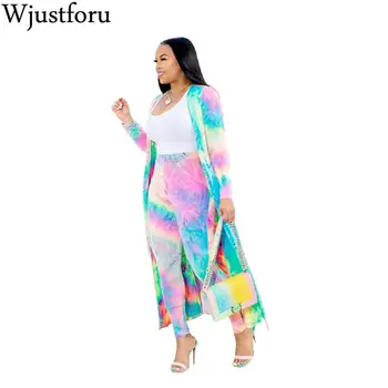 

Wjustforu Plus Size S-XXXXL Two Piece Set Women Autumn Tie Dye Printing X-Long Cardigans Coat Skinny Pants Tracksuit Overalls