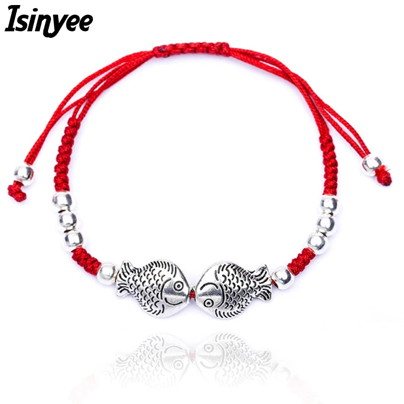 ISINYEE Fashion Double Fish Charm Adjustable Red String Rope Friendship