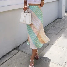 Винтажная Женская шелковая сатиновая юбка летняя модная женская цветная Милая юбка миди для вечеринок для девочек элегантная Полосатая юбка для женщин