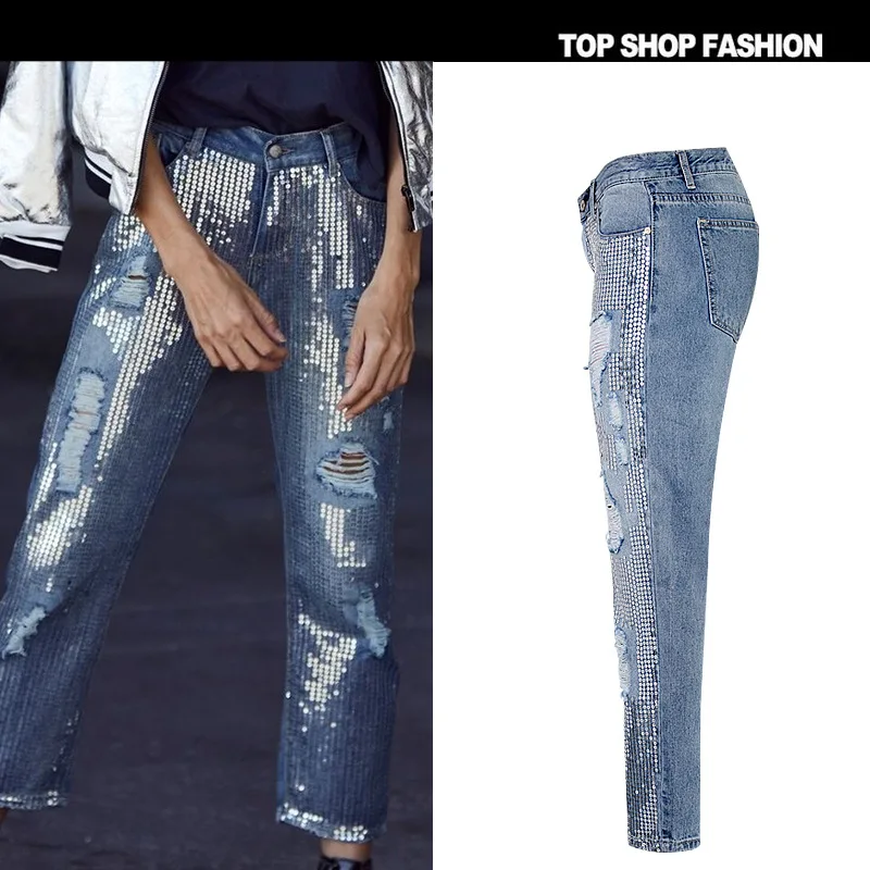 Тренд-сеттер, весенние модные рваные джинсы с блестками, женские джинсовые брюки длиной до щиколотки, уличная одежда, осенние женские брюки
