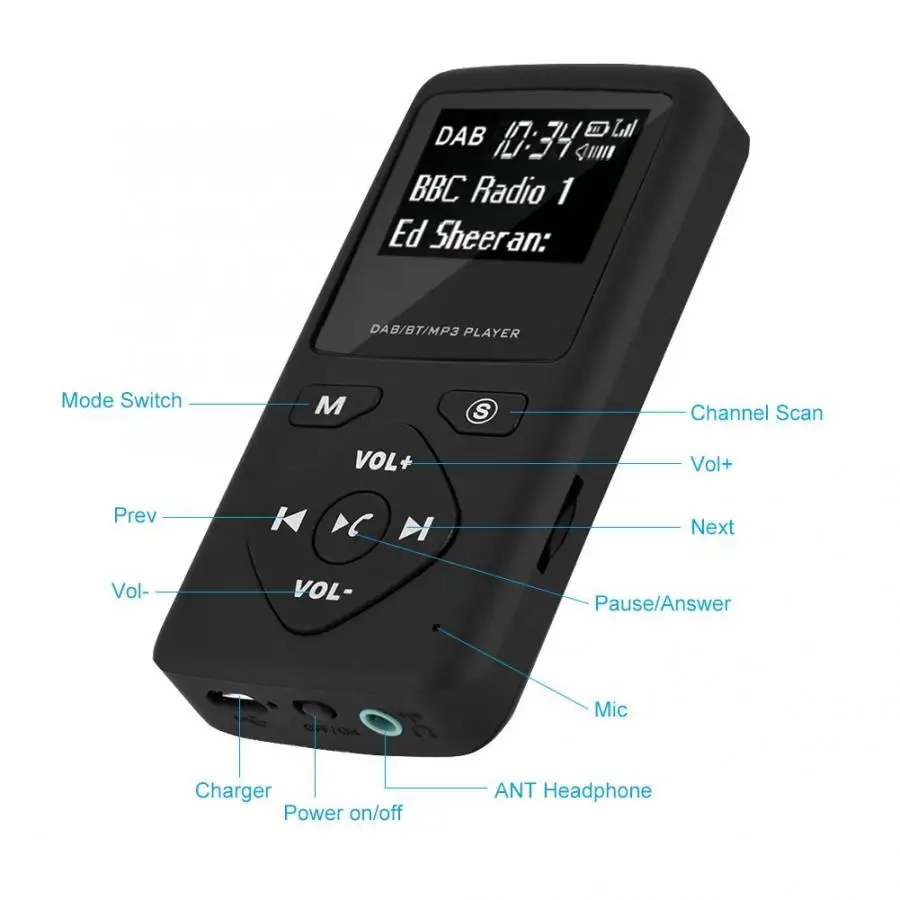 Портативный DAB/DAB+ карманный цифровой радиоприемник Bluetooth MP3-плеер с наушником радиоприемник
