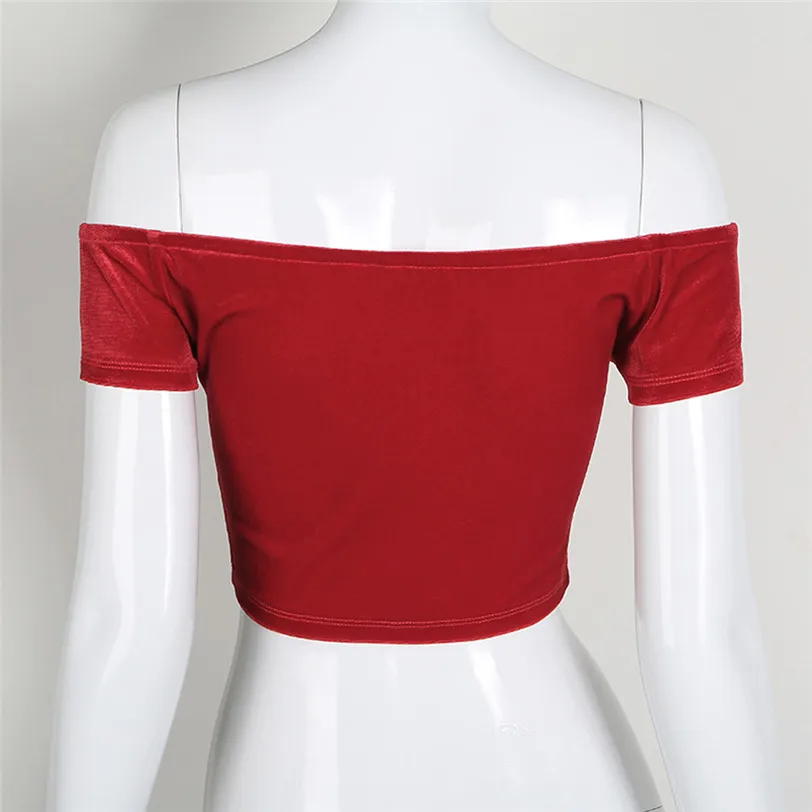strapless tshirt women 2018 vintage velvet t-shirt streetwear women crop top tee shirt femme manche courte wholesale noJE20 (2)