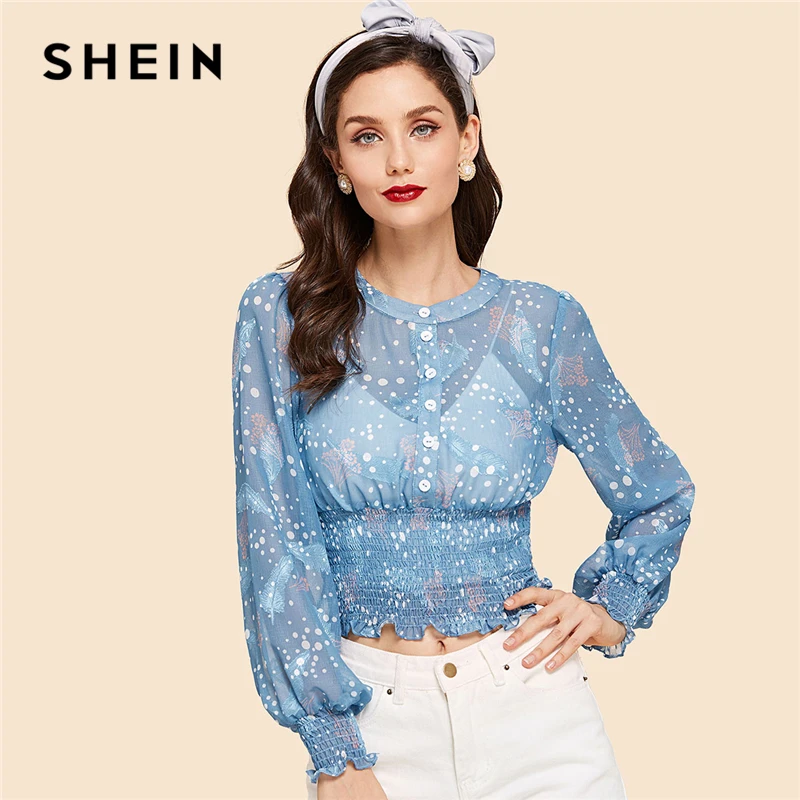 Aliexpress.com : Buy SHEIN Blue Weekend Casual Polka Dot Bishop Sleeve ...