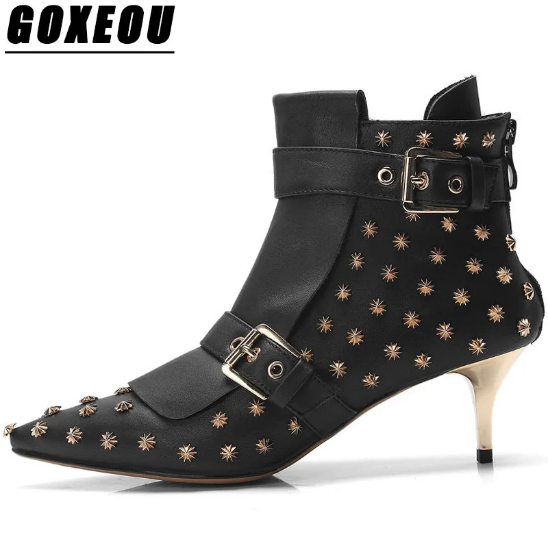 

GOXEOU 2018 Pointed Toe Womens Boots Genuine Leather Martin Boots Shoes Woman Brand Casual Fashion High Heels Ladies Ankle Boots