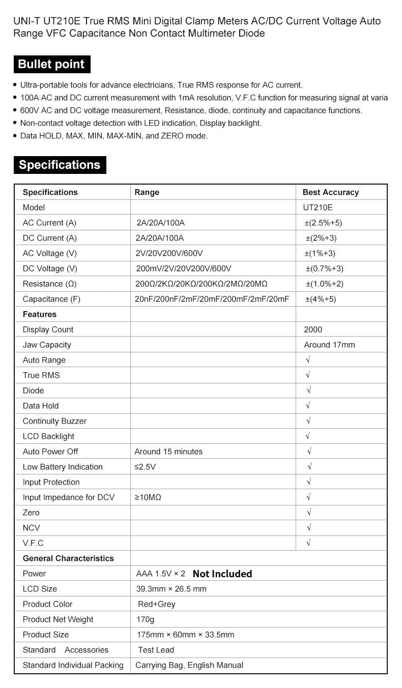 UT210E токовые клещи True RMS Авто Диапазон AC/DC напряжение тока VFC емкость Бесконтактный цифровой мультиметр диод