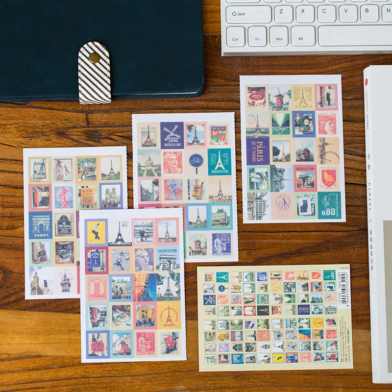 

4 Sheets /Pack Paris Tour Folding Stamp DIY Stickers Decorative Scrapbooking Diary Album Stick Label Kids Gift