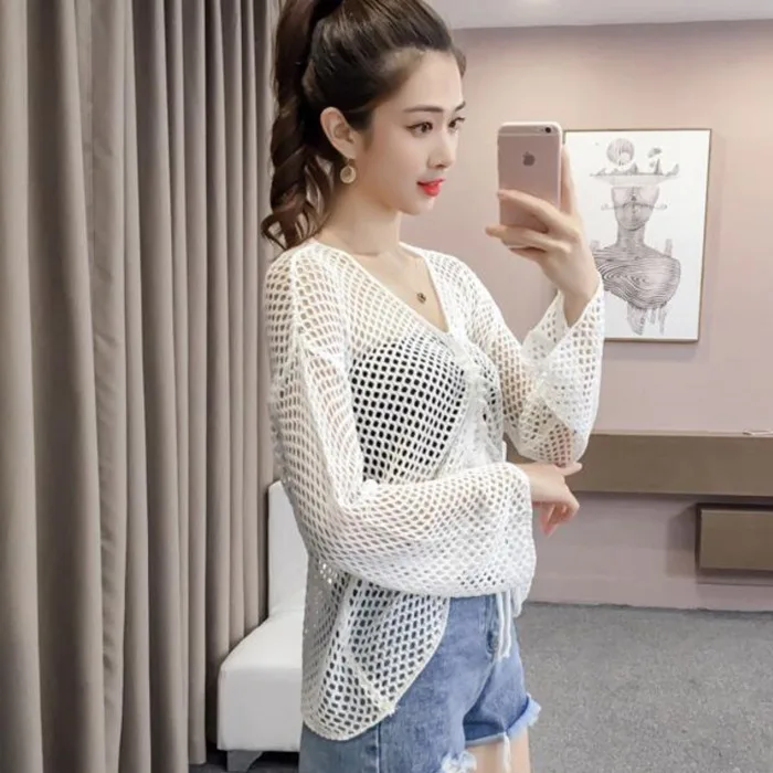 #1286 2018 Summer Korean Fashion Perspective Hollow Out Long Sleeve Knitted Pullover Lace-up Joker Sunscreen Short Mesh Tops Sweaters