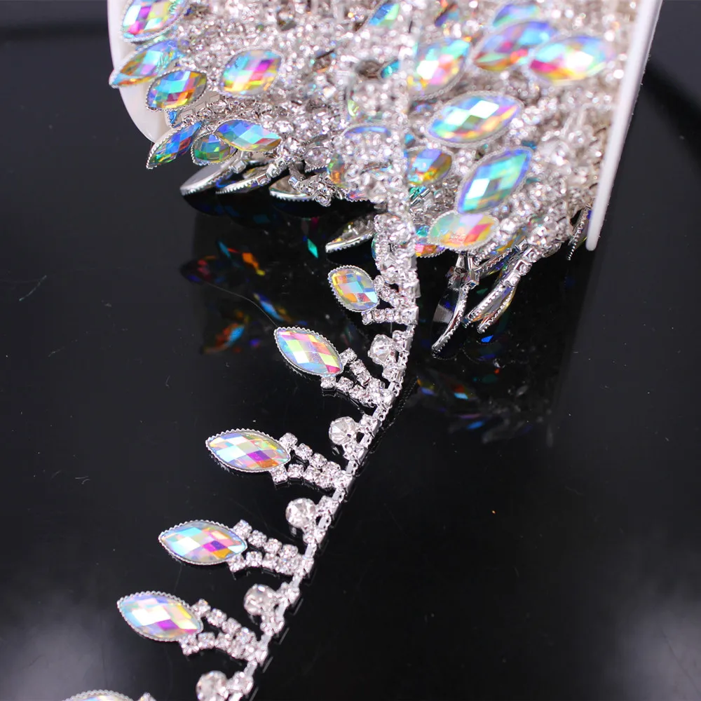 Bridal Dress Decoration 1 yard Shiny AB Crystal sewing on bridal belt applique birthday cake decoration Holographic Rhinestone Bridal Trim Fashion Chain