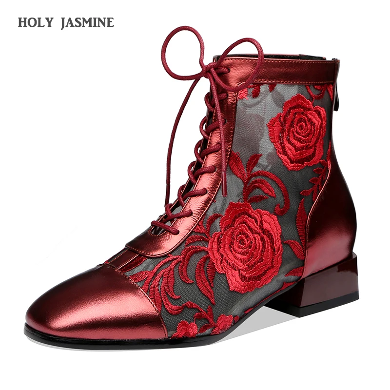 

2019 Spring/Autumn New Air Mesh flowers embroidery Genuine Leather Summer Boots Shoes Woman Sexy High Heels Party Women Shoes