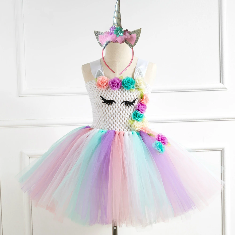 

POSH DREAM Flower Unicorn Kids Girls Clothes for Birthday Party Colorful Unicorn Flower Tutu Dress with Headband Kids Clothes D