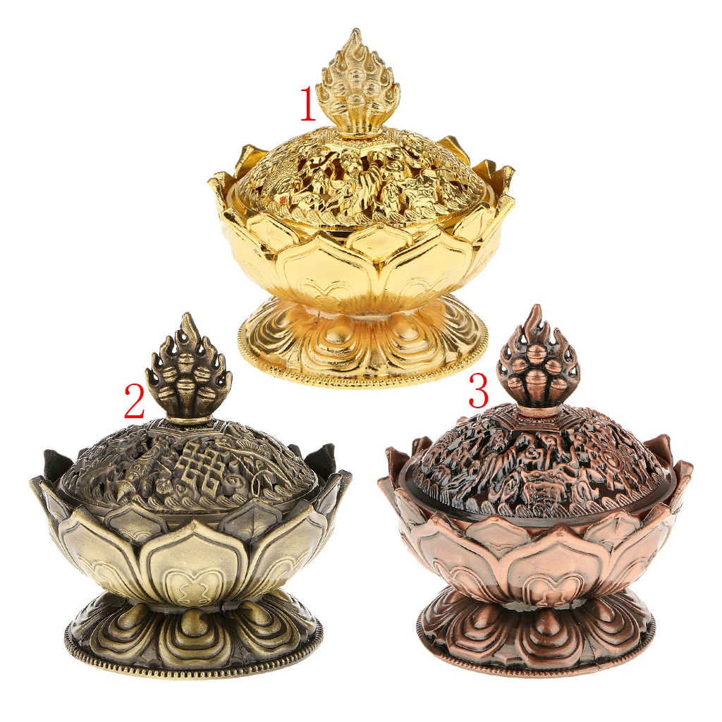 Vintage Lotus Flower Stick Cone Holder Backflow Incense Burner w/ Lid Golden