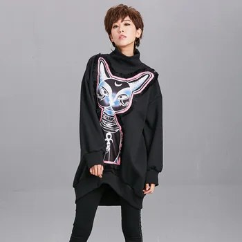 

Women's 2017 New Autumn and Winter Fashion Turtleneck Plus Velvet Size Long Sweatshirt Ladies Casual Cat Printing Fleece Hooded