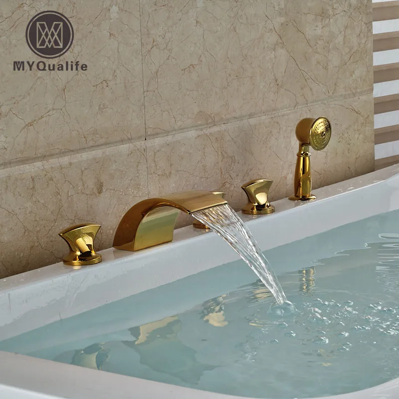 Golden Brass Widespread Deck Mount Waterfall Bathtub Faucet B