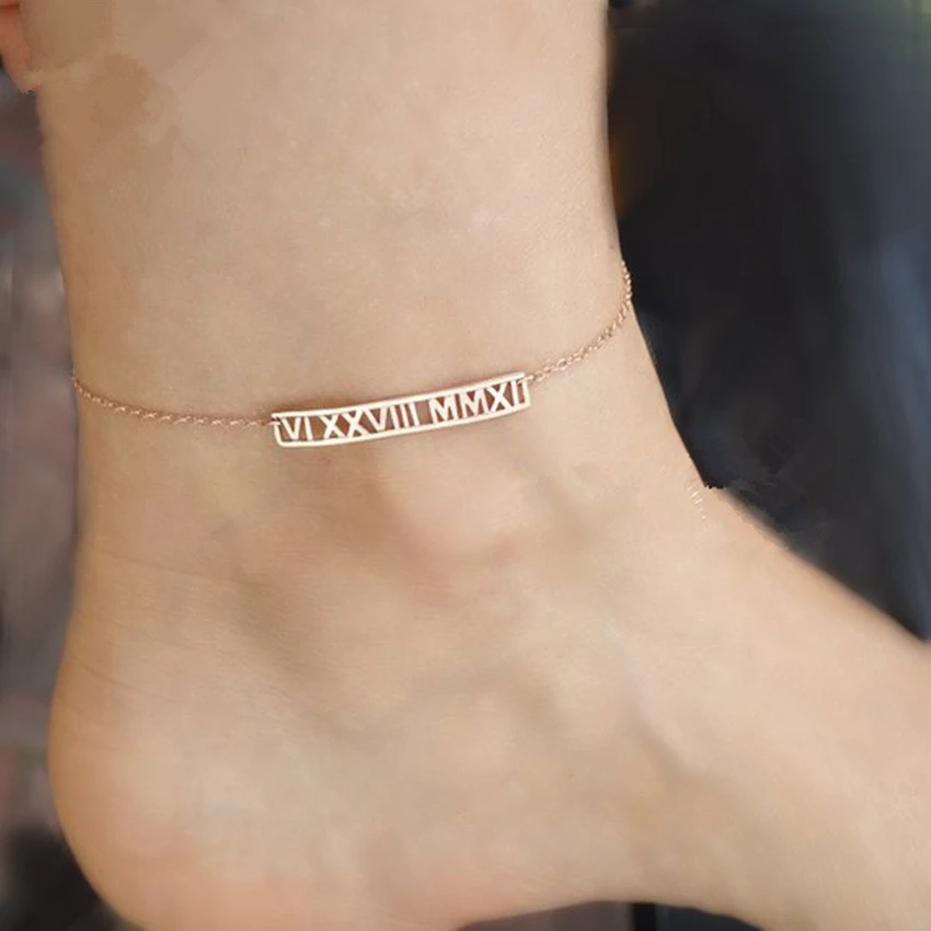 

Personalized Name Date Bar Anklet Charm Leg Bracelet Stainless Steel Rose Gold Jewelry Personalized Roman Numerals Anklet