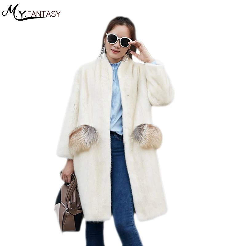 

M.Y.FANSTY 2019 Winter Mandarin Collar Pearl White Women's Fashion Mink Coat Fox Fur Pocket Real Fur Coat Medium Loss Mink Coats