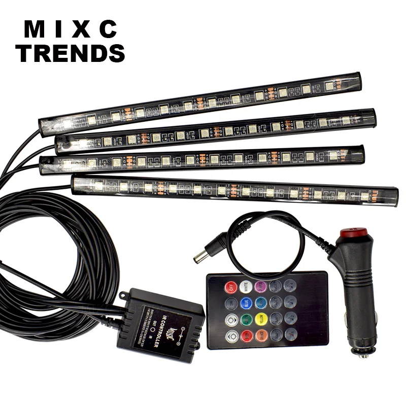 

4PCS 12LED 12V RGB Flexible LED Strip Light Music Voice Control Interior Decorative Atmosphere Lamp Wireless Remote Car Lights