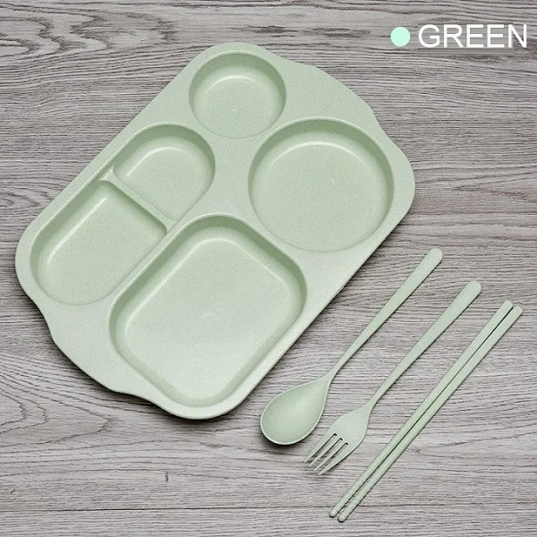 Набор посуды для кормления детей, детская миска, вилка, ложка, Набор чашек из бамбукового волокна, столовая посуда для детей, разделительная тарелка - Цвет: 4 pcs green
