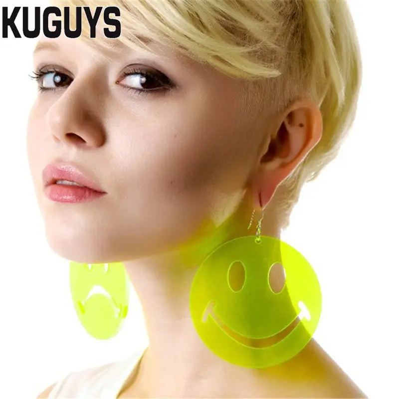 

KUGUYS Fashion Jewelry Oorbellen Acrylic Neon Face Earrings for Women Pendientes HipHop Round Big Drop Earring DJ DS Brincos