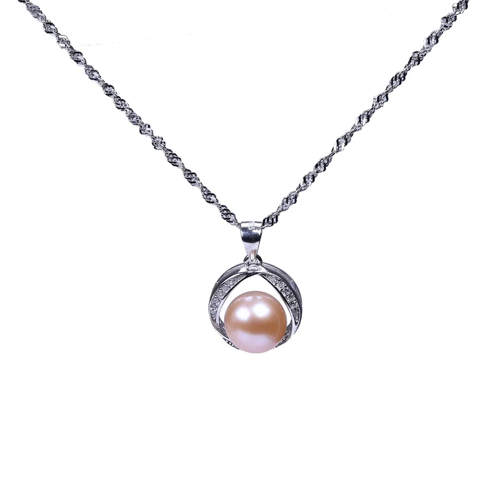 

Perfectly round pink freshwater pearl pendant necklace sterling-silver-jewelry rhinestone for Christmas gifts