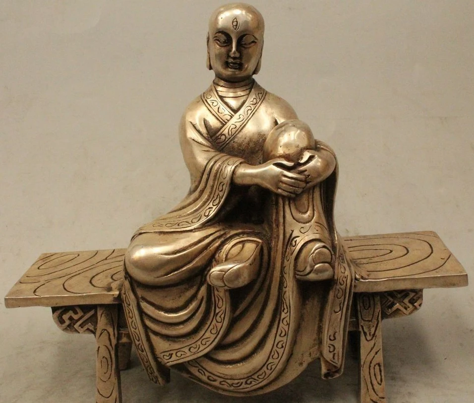 

9" Chinese Silver Buddhist 3 Eyes Arhat Monk Buddha Sitting Stool Chair Statue