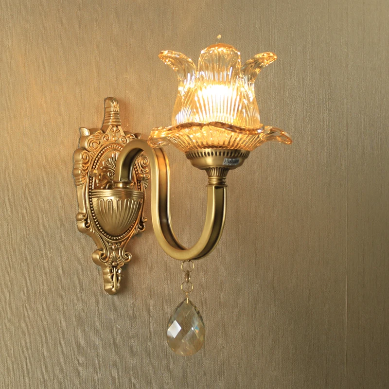 All Copper Living Room Retro Wall Lamp Bedroom Creative Candle Crystal Lamp Corridor Lamp antique bronze wall lights led