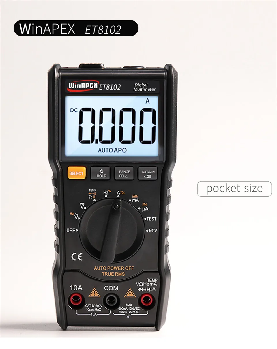 Kopen WinAPEX ET8102 Digitale Multimeter 6000 Counts True RMS Zaklamp Digitale Voltmeter 1000 V 10A AC DC Ampèremeter Pocket Multimeter