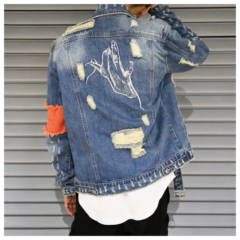 2018 рваные Ленты джинсовые куртки мыть лоскутное Distressed Denim человек Slim Fit уличной