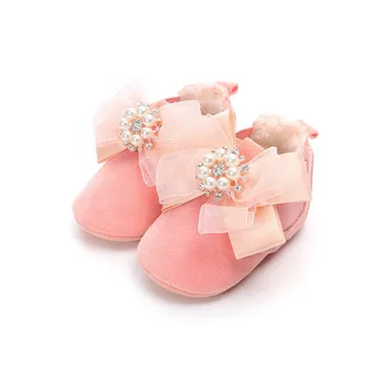 

Newborn Baby Girl Winter PU Bow Flower Design Home Walking Boots Casual Shoes Hot New Cute Non-slip Soft Sole Shoes
