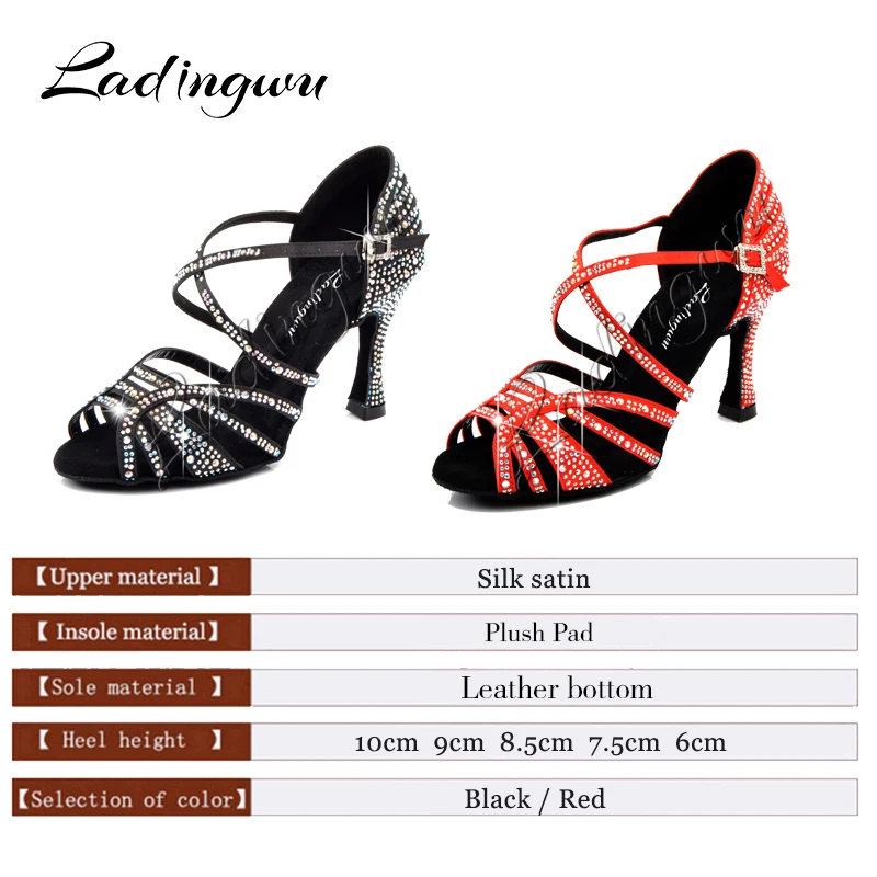 Ladingwu Latin Dance Shoes Women New Silk satin Black Salsa Rhinestone Shoes Dance For Woman Ballroom Dancing Shoes heel 5-10cm