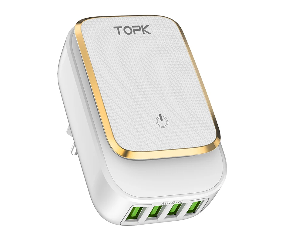 TOPK L-Power 4-Port 4.4A(Max) 22W EU USB Charger Adapter LED Lamp Auto-ID Portable Phone Travel Wall Charger for iPhone Samsung 9