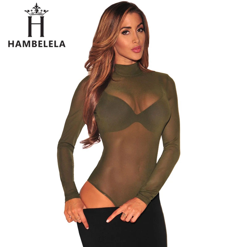 

HAMBELELA New Transparent Bodysuit Women Rompers Bodycon Jumpsuit Long Sleeve Mesh Bodysuit Sheer Through Trutleneck Bodysuits