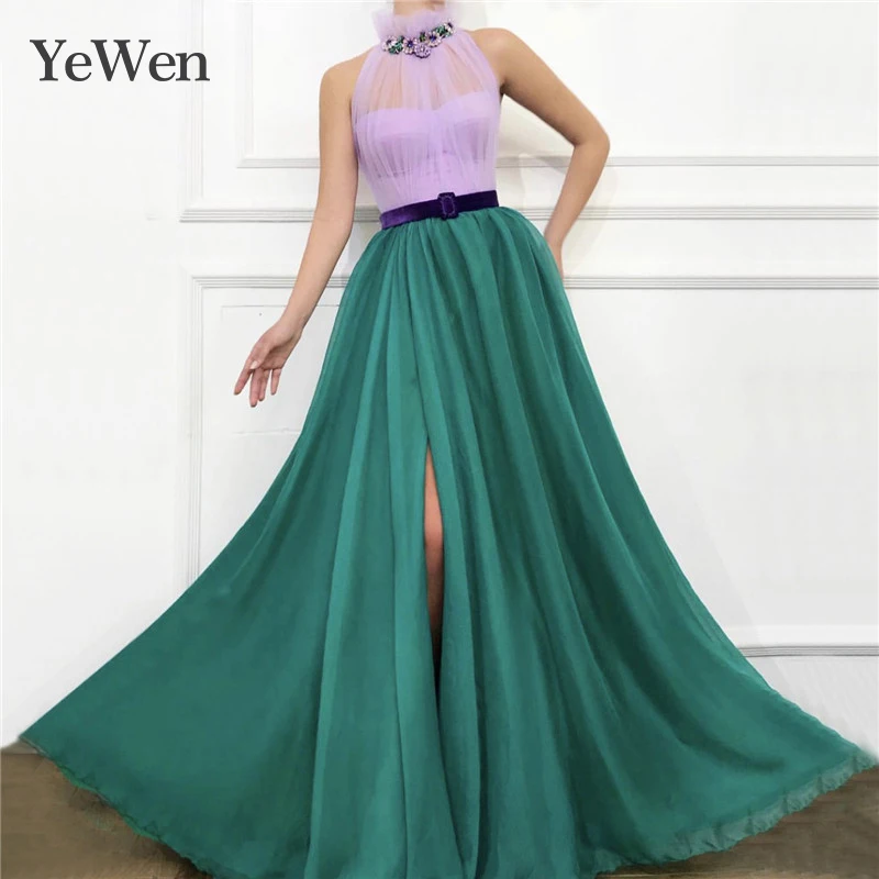 Purple Green A-Line Sexy Evening Dresses Long 2019 Latest Design High Neck Diamond Evening Gowns YeWen Purple Green A-Line Sexy Evening Dresses Long 2019 Latest Design High Neck Diamond Evening Gowns YeWen
