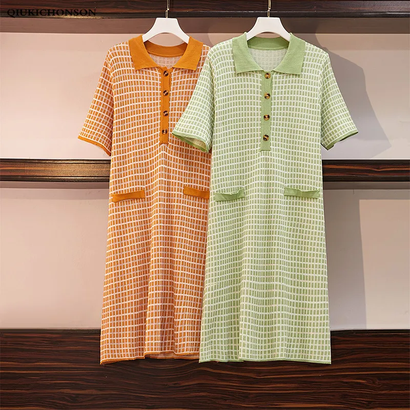 

Women Summer Dress Plus Size Vintage Turn-down Collar Single-breasted False Pockets Design Straight Plaid Ice Cool Knitted Dress