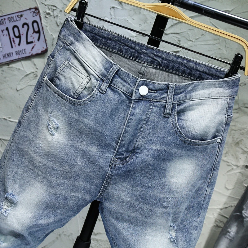 Обтягивающие мужские джинсы рваные джинсы Небесно-голубые серые эластичные укороченные штаны в Корейском стиле в стиле пэчворк джоггеры байкерские джинсы Мужская Уличная одежда